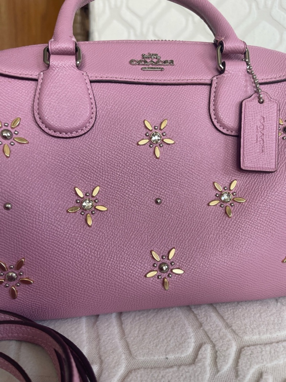 Coach Mini Benet Lilac Pink Tulip Floral crystal Stud Leather Satchel with Strap - Picture 2 of 10